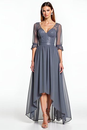 Steel Grey Corset V Neck A Line Half Sleeves Long Mother Of The Bride Dress